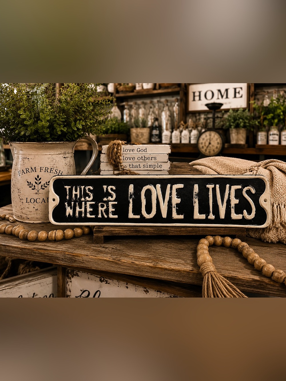 Rustic "Love Lives" Black & Cream Metal Sign
